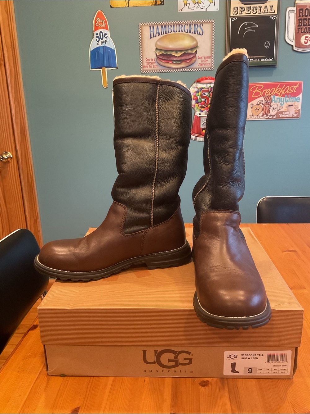 UGG BROOKS TALL BOOTS WOMENS SZ 9 BROWN BLACK LEATHER SHERPA LINED UGG AUSTRALIA